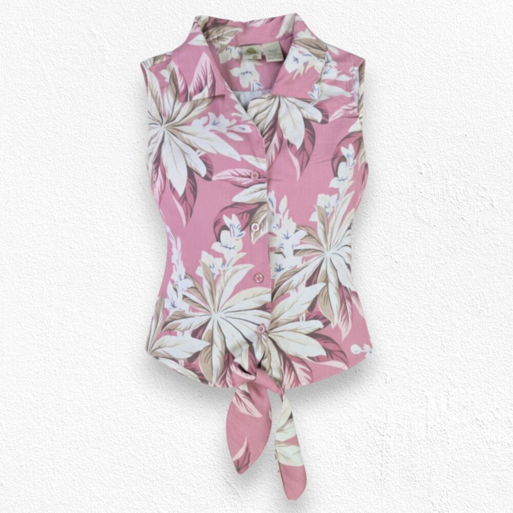 90s Y2K Mauve Pink Tropical Floral Crop Tie Front Button Down Top Size Small